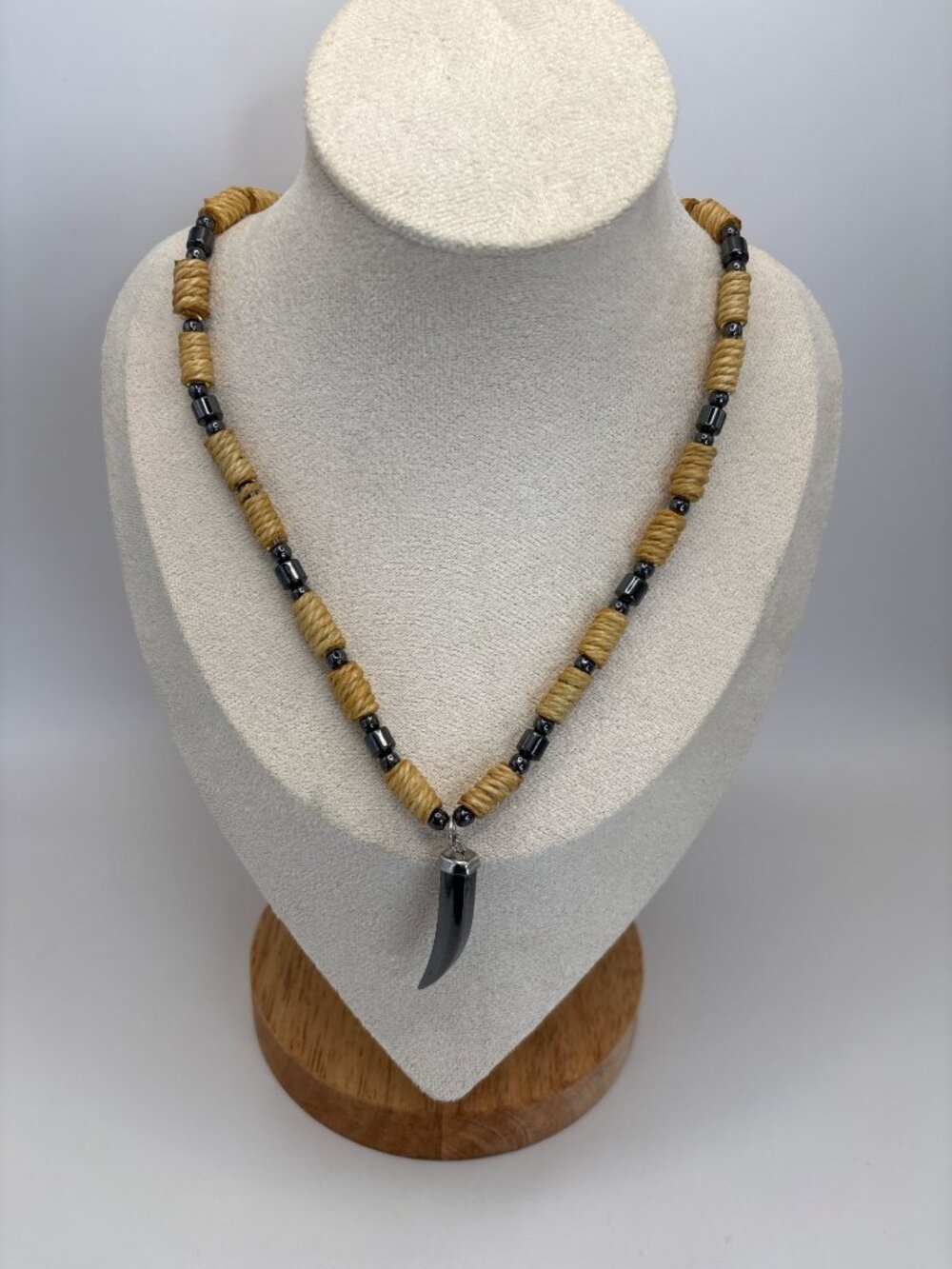 Boho Style Twisted Rope and Bead Necklace with Horn Pendant